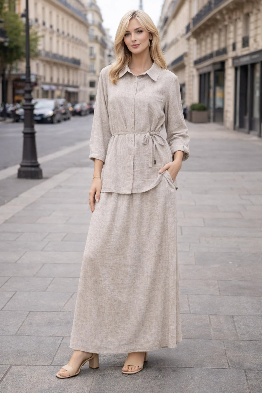 Ensemble 2 pièces lin – Chemise fluide & Jupe large