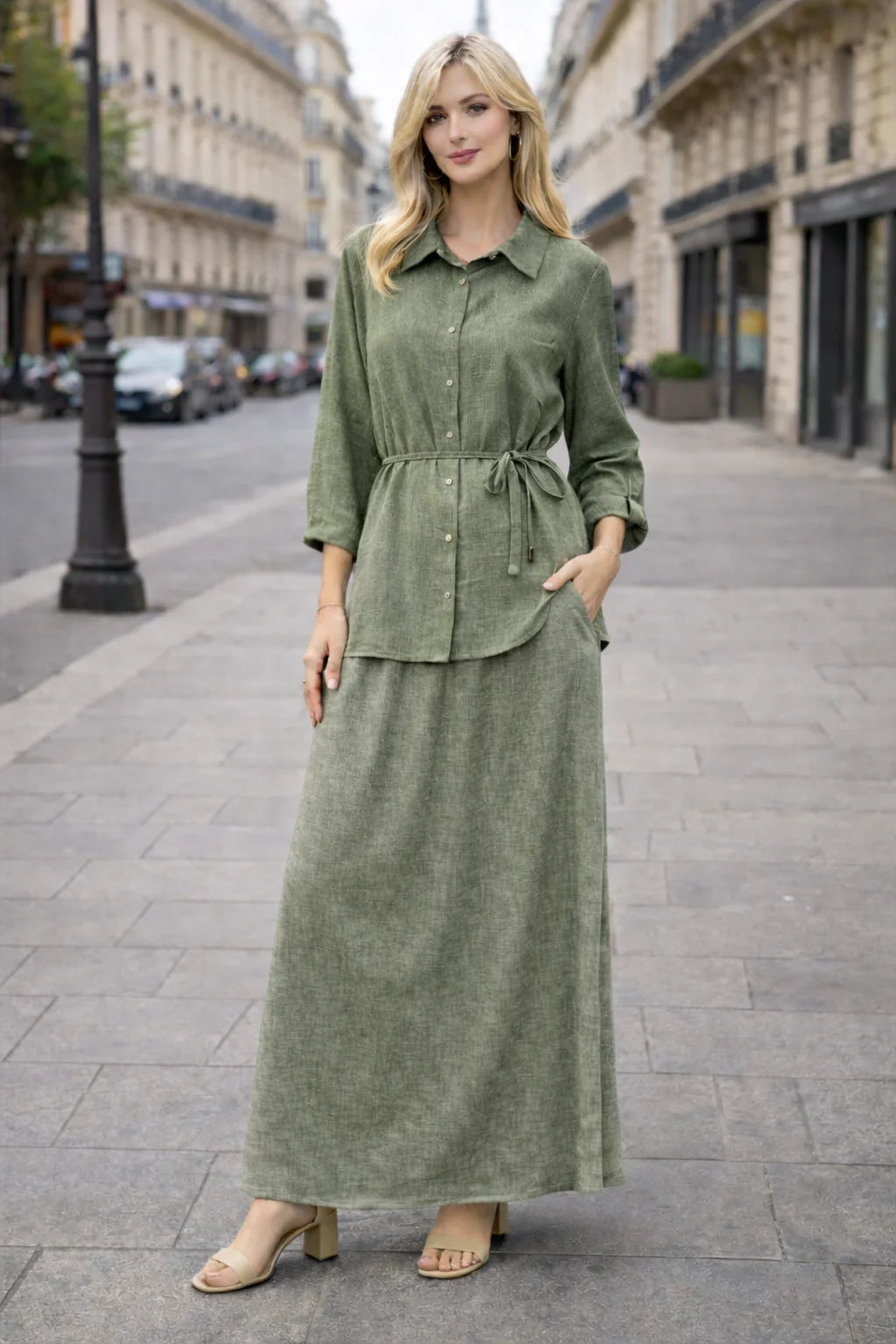 Ensemble 2 pièces lin – Chemise fluide & Jupe large