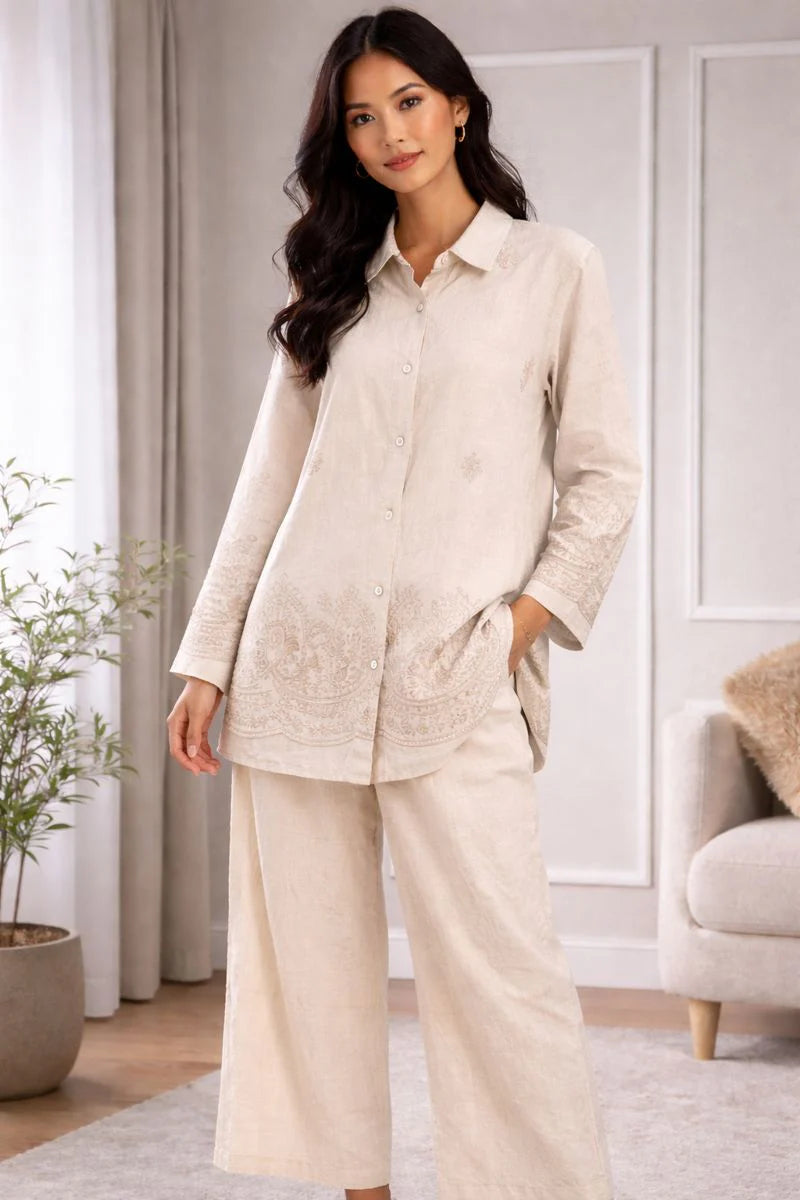 Ensemble bohème uni & broderies – tunique + pantalon