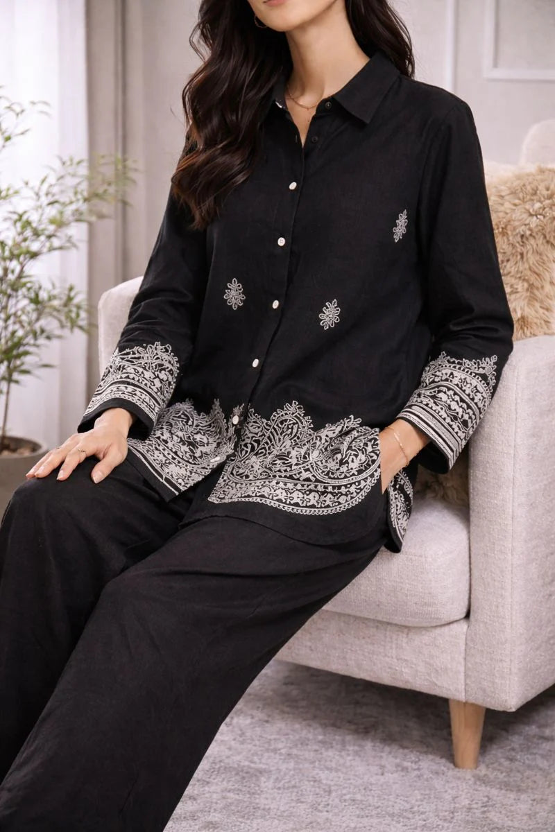 Ensemble bohème uni & broderies – tunique + pantalon