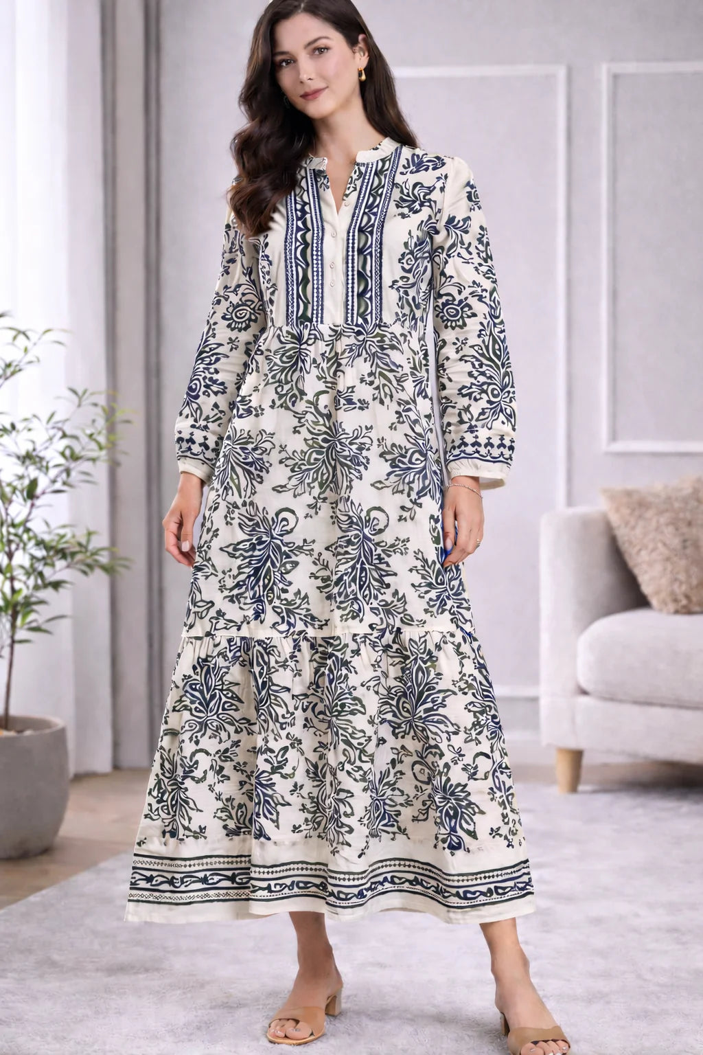 Robe longue bohème imprimée – coupe fluide